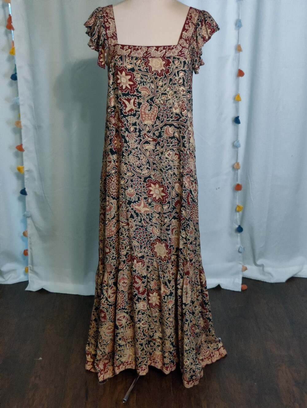 Love the Label Flutter Sleeve Tiered Maxi Dress OG style block print Linen XS